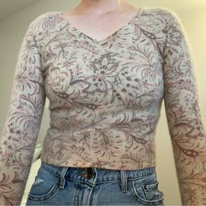 Charter Club Cream and Pink Floral V-Neck Sweater